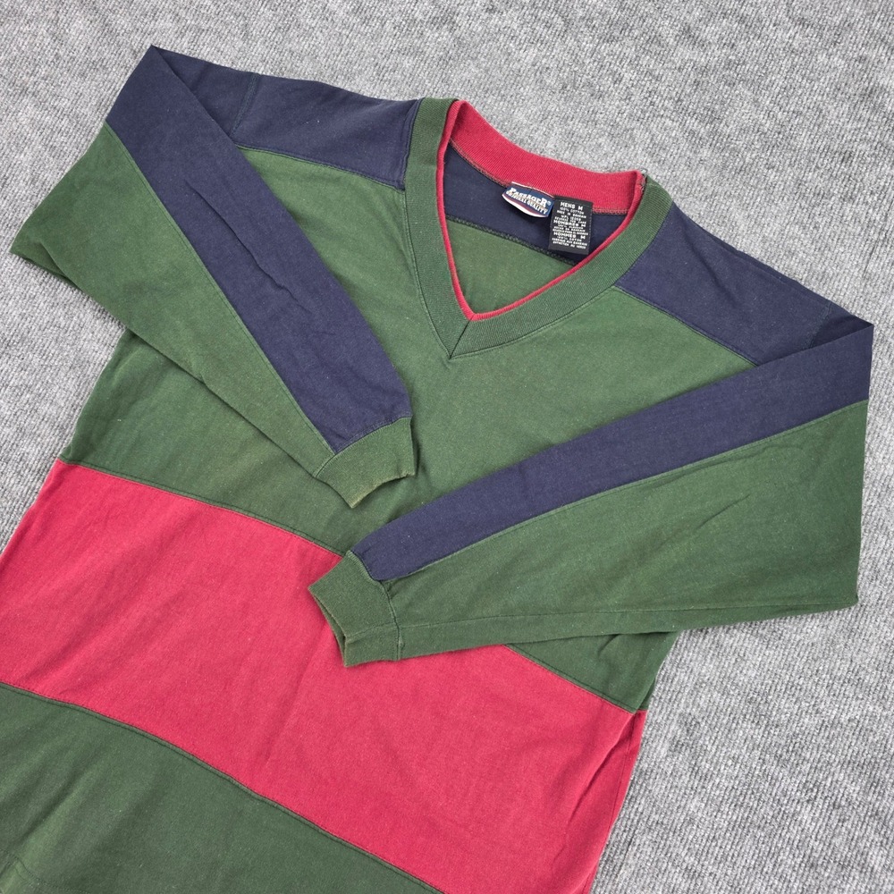 Passager Mens Vintage Colorblock V-Neck Long Sleeve Shirt Green Navy Red Size M